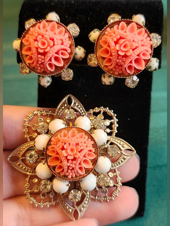 Jewelry - Vintage 1960s Carved Faux-Coral Celluloid & Filigree Jewelry Set